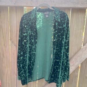 New York & Company Dark Green Floral Burnout Velvet Button-Down Shirt